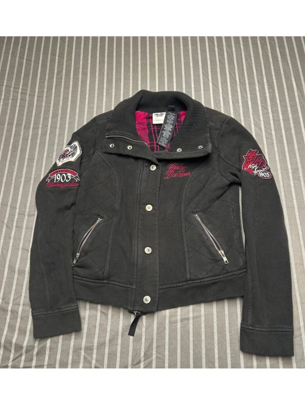 Harley-Davidson Women's Black Moto Jacket Small Zip Front Snap Closure Plaid